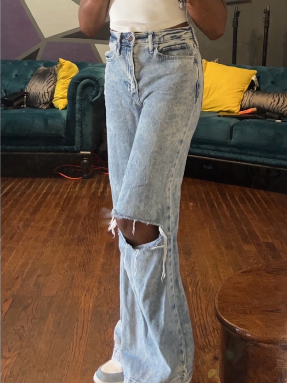 Hollister Acid-Wash Light Blue Flare Jeans with Knee Rips